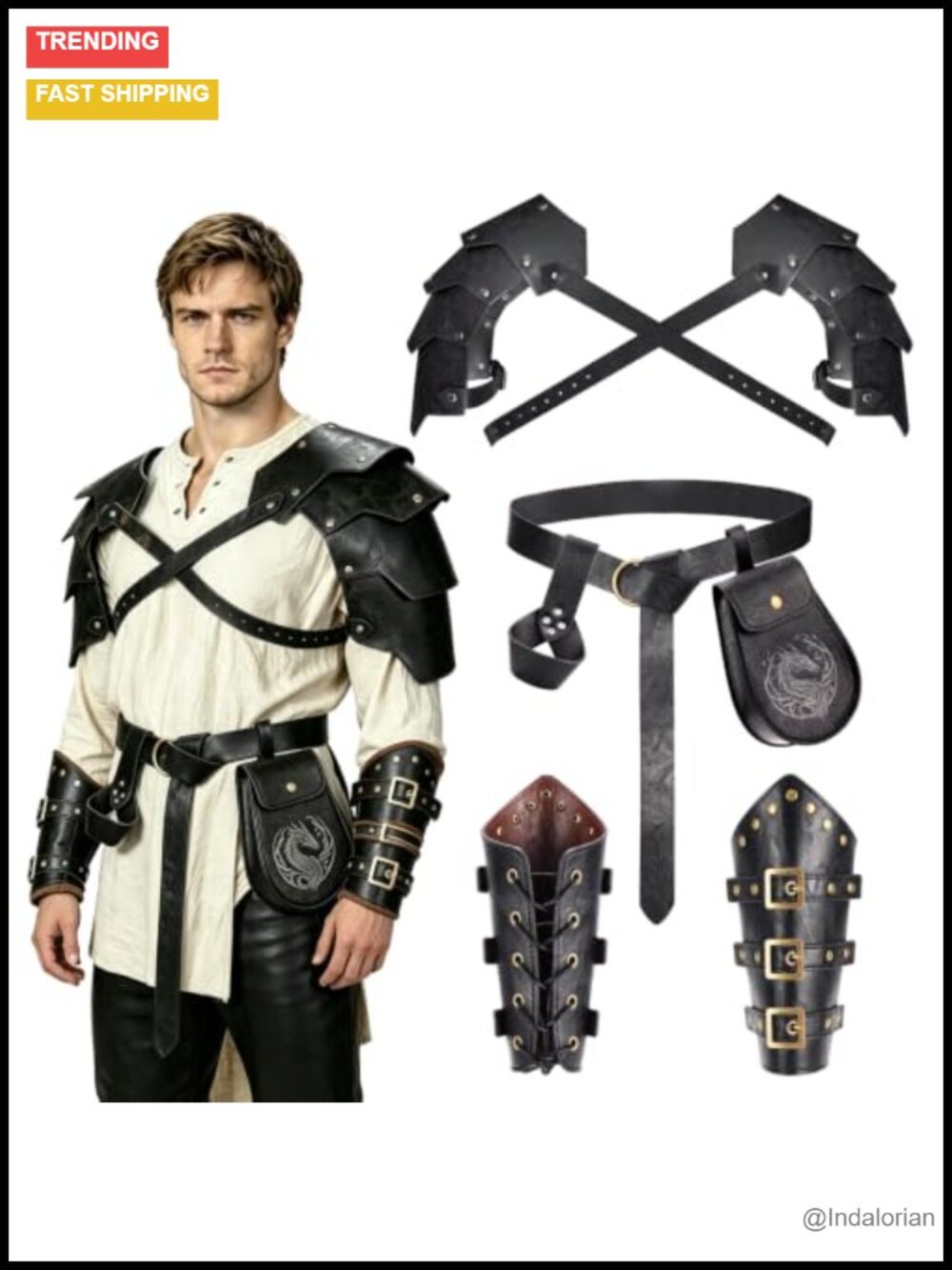 7PC Medieval Armor Costume Set Faux Leather Pauldrons Belt Bracers Pouch Holster